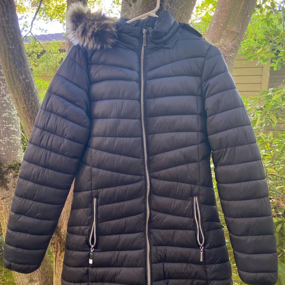 Long, black winter coat with fur on hood size L